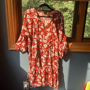 Bobeau Red and White Floral Dress